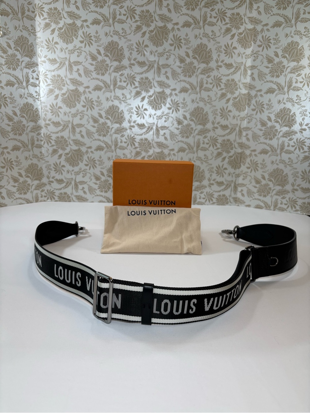 Louis Vuitton Black and White Logo Webbing Shoulder Strap with Silver Hardware
